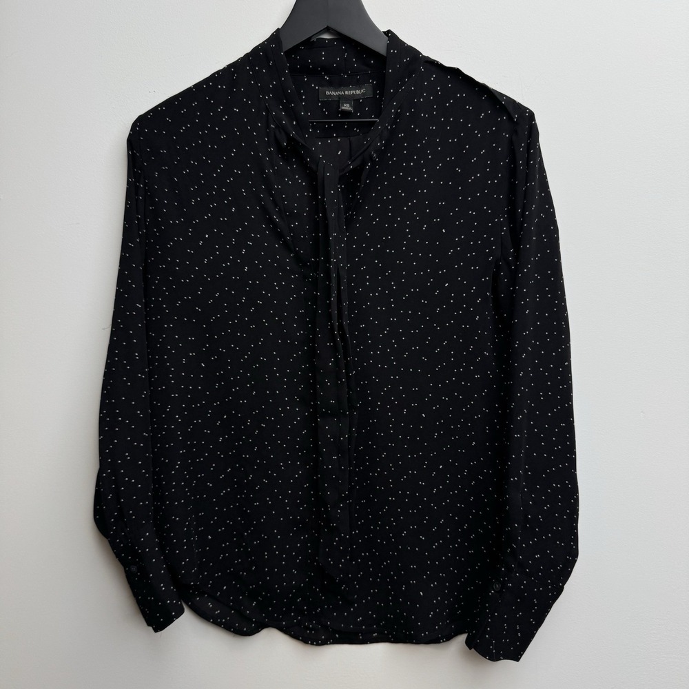 Banana Republic Black Satin Polka XS Dot Tie Neck Long Sleeve Blouse Women's
